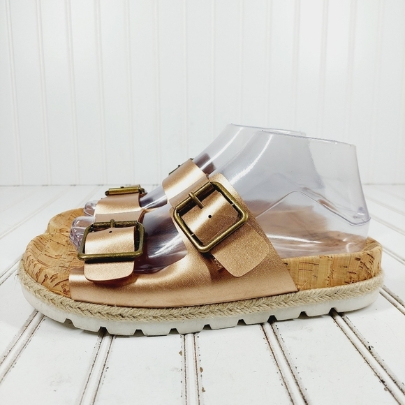 NEW Esprit Brielle Womens Metallic Tan Buckle Slip On Flat Summer Sandals M45 - Picture 1 of 10